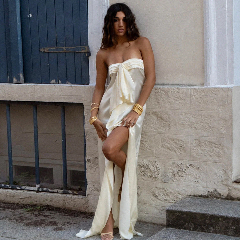Lyra One-Shoulder Satin Slit Dress