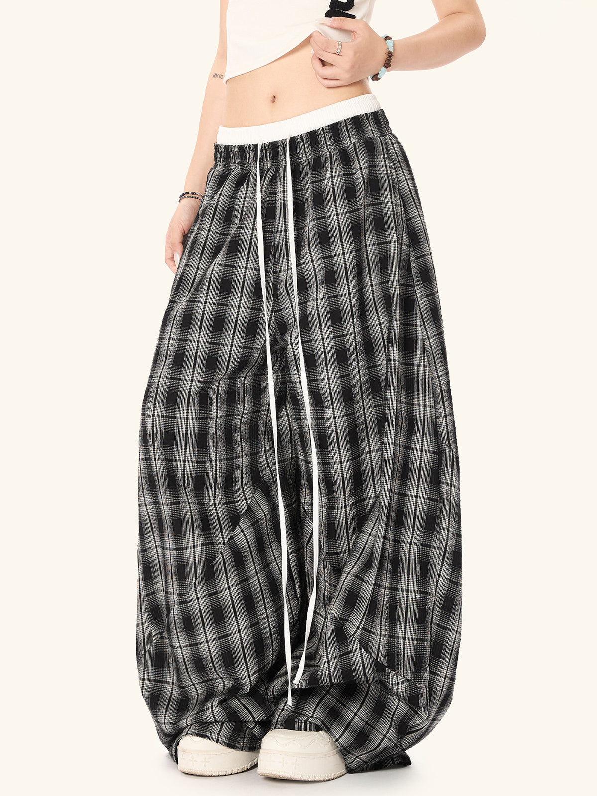 Gingham High-Waist Wide Trousers