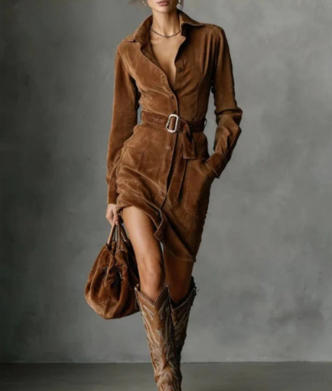 Camille Belted Suede Shirt Dress