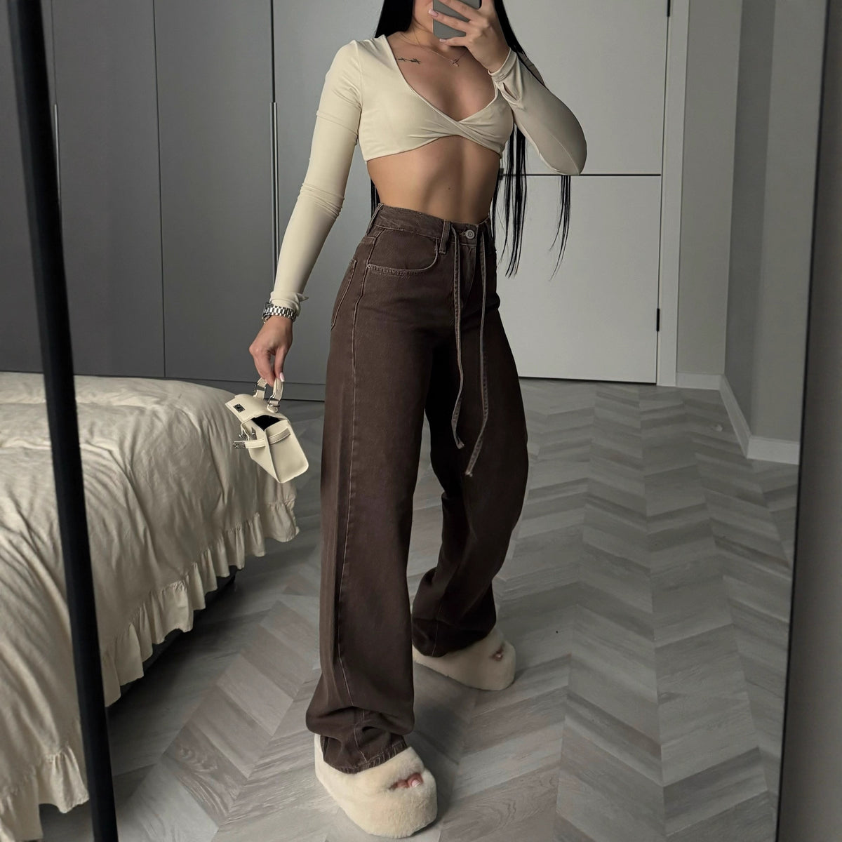 Mocha High-Waist Wide-Leg Denim