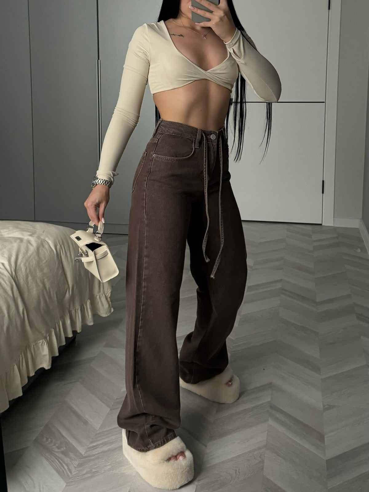 Mocha High-Waist Wide-Leg Denim