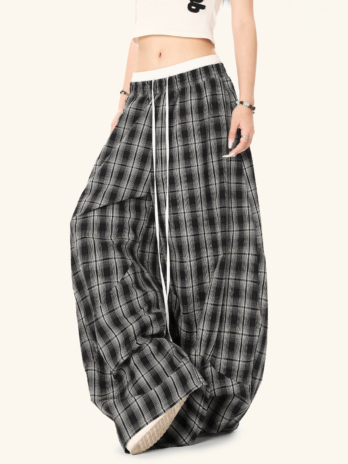 Gingham High-Waist Wide Trousers
