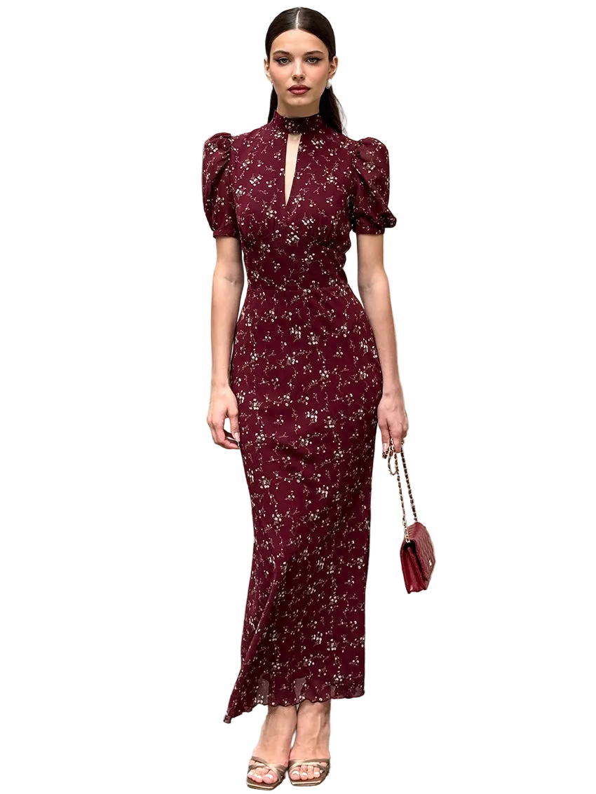 NUVOK Rosalie Floral Deep-V Maxi Dress in wine