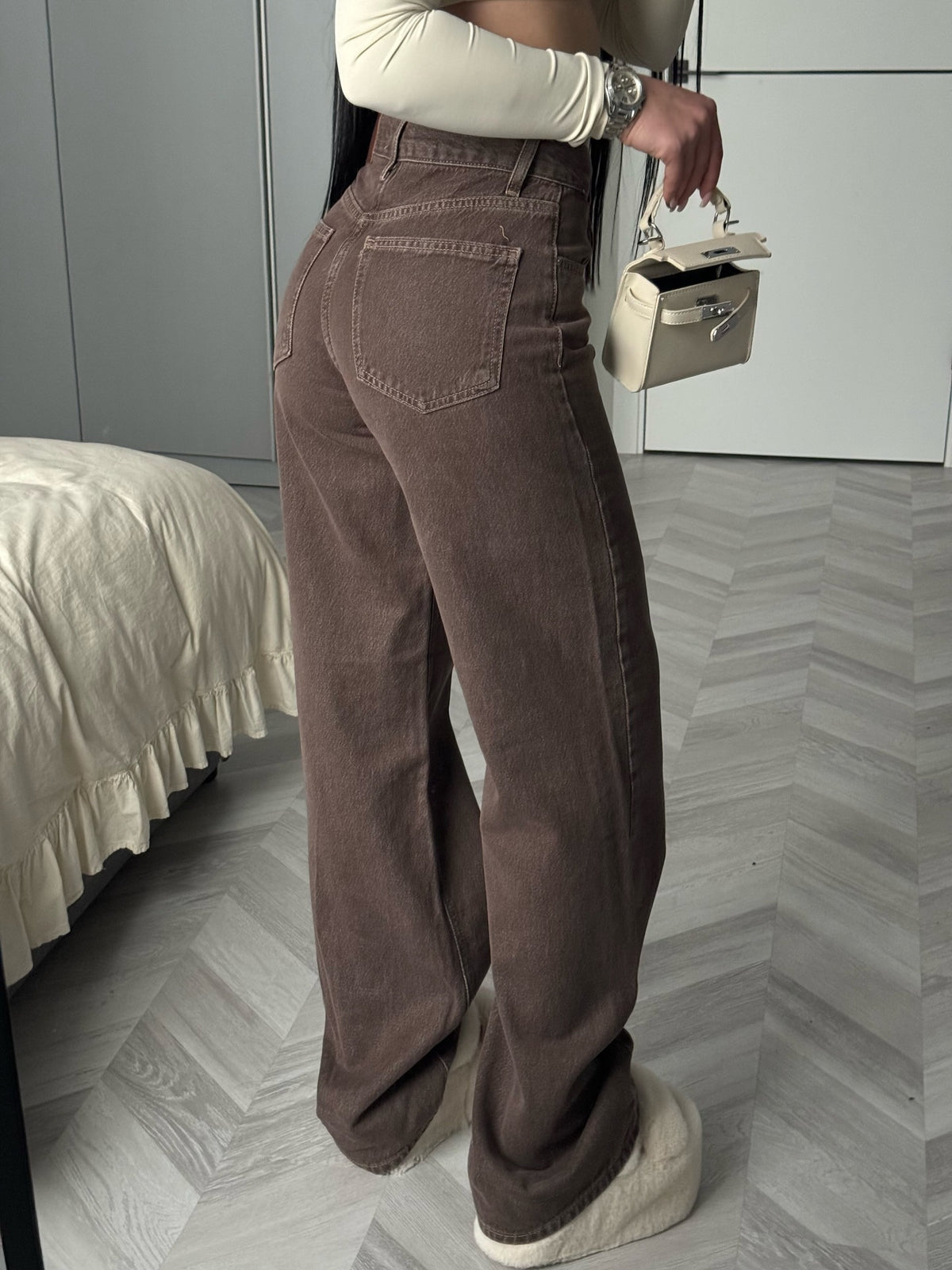 Mocha High-Waist Wide-Leg Denim