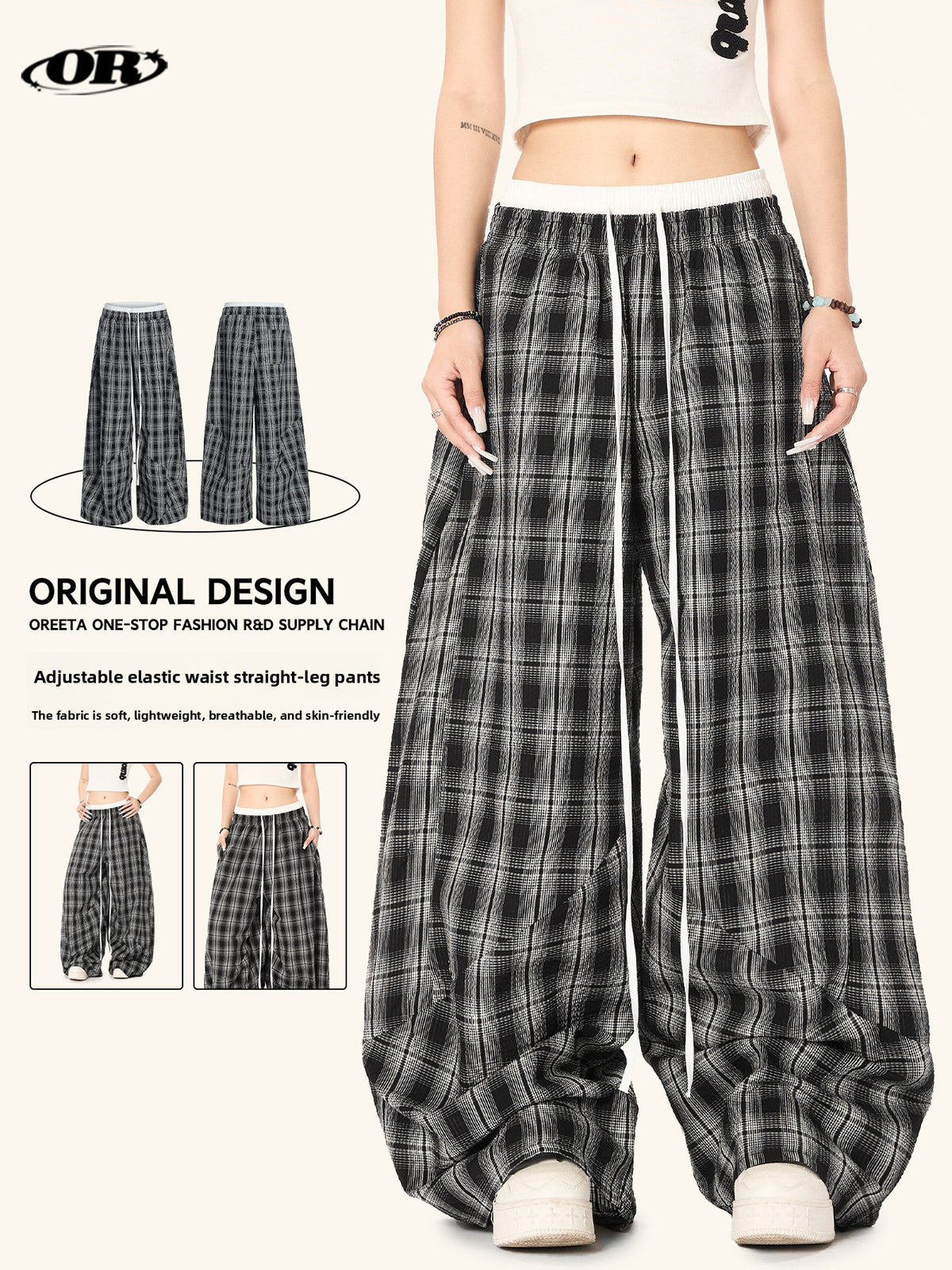 Gingham High-Waist Wide Trousers