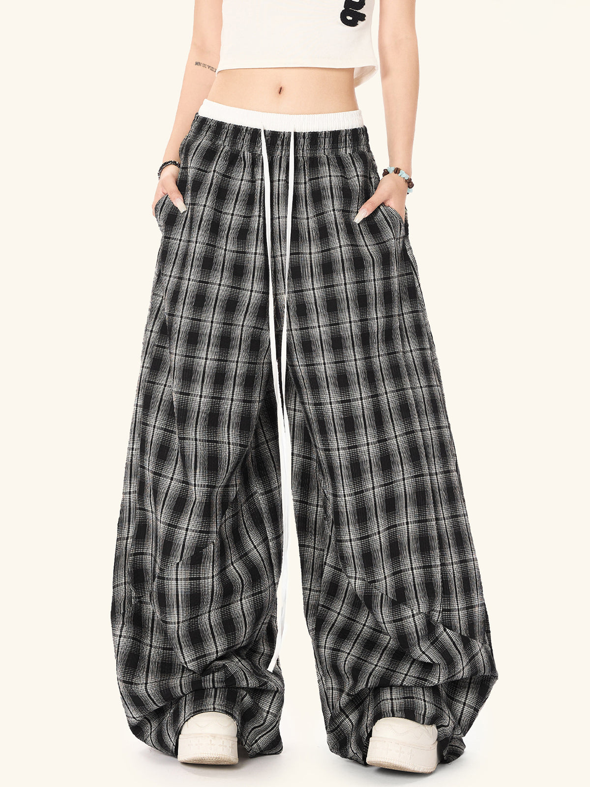 Gingham High-Waist Wide Trousers