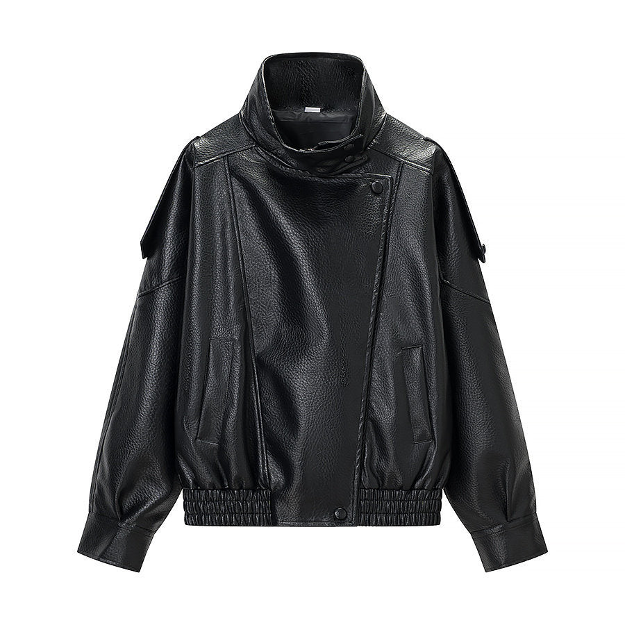 NUVOK Vera Faux Leather Scarf-Collar Jacket in black