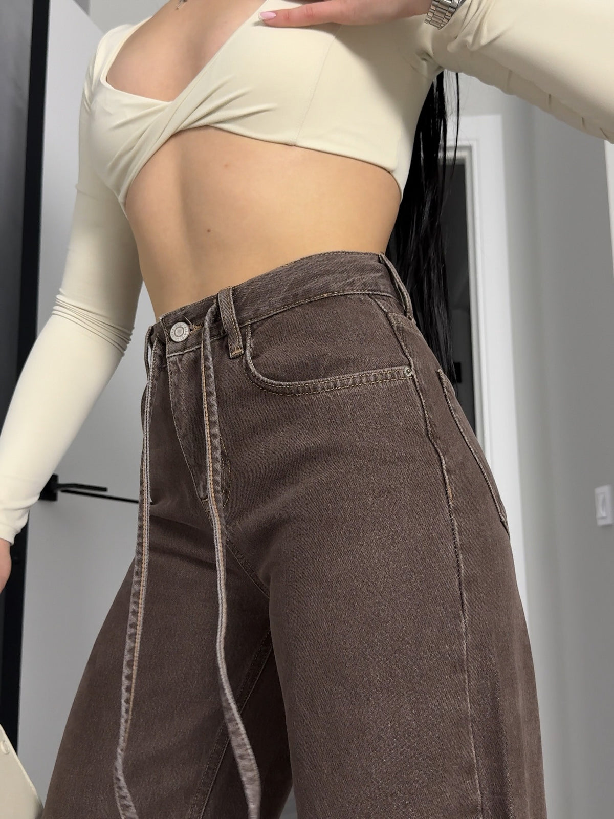 Mocha High-Waist Wide-Leg Denim